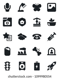 Set of vector isolated black icon - reception vector, clouds, factory, butterfly, well, syringe, broken bone, traffic light, microphone, speaker, favorites list, gallery, photo, battery, desk lamp