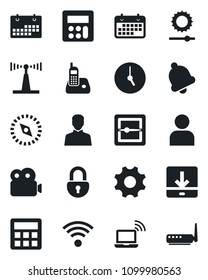 Set of vector isolated black icon - wireless notebook vector, term, antenna, radio phone, settings, user, calculator, clock, bell, scanner, download, brightness, compass, lock, video, calendar