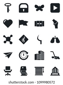 Set of vector isolated black icon - automatic door vector, lawn mower, butterfly, sickle, heart, lungs, joint, molecule, play button, lock, office building, chair, book, smoke detector, jalousie