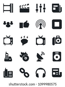 Set Of Vector Isolated Black Icon - Tv Vector, Brainstorm, Satellite Antenna, Clapboard, Film Frame, Flame Disk, Camera, News, Settings, Headphones, Radio Phone, Chain, Speaker, Group, Finger Up