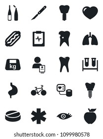 Set of vector isolated black icon - blood pressure vector, test vial, pills, ampoule, scalpel, ambulance star, bike, stomach, lungs, tooth, caries, implant, eye, pulse clipboard, patient, heavy