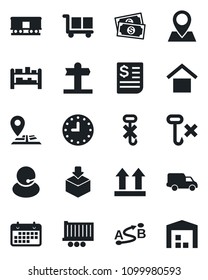 Set of vector isolated black icon - signpost vector, navigation, pin, cash, support, truck trailer, car delivery, clock, term, receipt, cargo, warehouse storage, up side sign, no hook, package, rack