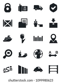 Set of vector isolated black icon - earth vector, pin, office phone, sea shipping, car delivery, port, container, folder document, tulip, package, sorting, shield, heavy, search cargo, barcode, rack