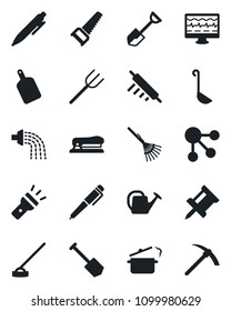 Set of vector isolated black icon - pen vector, job, shovel, farm fork, rake, watering can, saw, hoe, monitor pulse, torch, drawing pin, stapler, ladle, rolling, cutting board, steaming pan