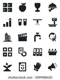 Set of vector isolated black icon - plane globe vector, checkroom, growth statistic, document reload, glove, blood test vial, fragile, heavy scales, clapboard, application, paper binder, meeting