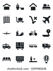 Set of vector isolated black icon - plane vector, baggage conveyor, trolley, airport bus, escalator, waiting area, seat map, ambulance car, bike, sea shipping, truck trailer, port, warehouse storage