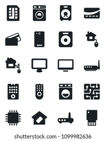 Set of vector isolated black icon - washer vector, monitor, speaker, phone back, sim, smart home, credit card, control, chip, remote, router, usb flash