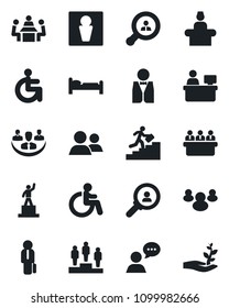 Set of vector isolated black icon - male vector, disabled, reception, bed, pedestal, meeting, manager place, speaker, group, company, career ladder, client search, waiter, consumer, palm sproute