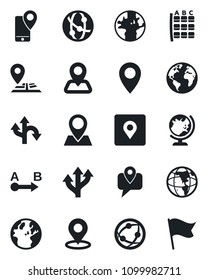 Set of vector isolated black icon - globe vector, seat map, route, navigation, earth, pin, mobile tracking, network, place tag, flag