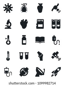 Set of vector isolated black icon - satellite antenna vector, book, blood test vial, dropper, microscope, ampoule, real heart, joint, virus, sd, thermometer, rocket
