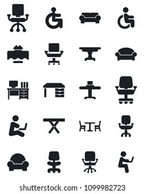 Set of vector isolated black icon - cafe vector, waiting area, office chair, desk, picnic table, disabled, cushioned furniture, restaurant, man with notebook