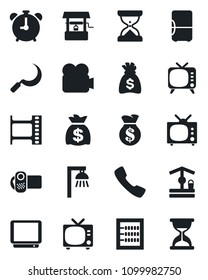 Set of vector isolated black icon - alarm clock vector, tv, money bag, well, sickle, film frame, video camera, call, abacus, outdoor lamp, fridge, sand