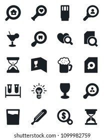 Set of vector isolated black icon - blood test vial vector, thermometer, heart diagnostic, fragile, search cargo, document, estate, client, wine card, drink, cocktail, beer, consumer, money, idea