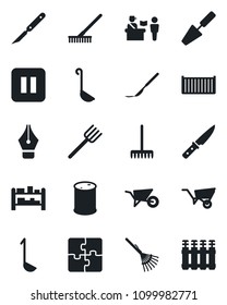Set of vector isolated black icon - passport control vector, trowel, farm fork, rake, wheelbarrow, scalpel, cargo container, oil barrel, rack, pause button, application, ink pen, ladle, knife