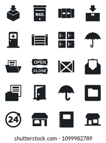 Set of vector isolated black icon - 24 around vector, automatic door, shop, medical room, checkroom, container, umbrella, package, mail, folder, copybook, document, mailbox, open close, storefront