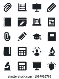 Set of vector isolated black icon - graduate vector, abacus, notepad, pencil, microscope, calculator, notes, copybook, presentation board, paper clip, shining head