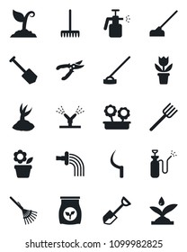 Set of vector isolated black icon - job vector, flower in pot, shovel, farm fork, rake, watering, sproute, pruner, hoe, sickle, garden sprayer, fertilizer, irrigation