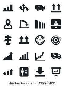 Set of vector isolated black icon - elevator vector, growth statistic, crisis graph, route, signpost, navigation, up side sign, sorting, download, bar, moving, target, arrow, clock, presentation