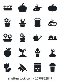 Set of vector isolated black icon - flower in pot vector, seedling, watering can, sproute, pumpkin, seeds, tulip, oil barrel, house with tree, pond, rolling pin, apple fruit, water filter