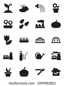 Set of vector isolated black icon - factory vector, flower in pot, seedling, watering can, sproute, pruner, pumpkin, greenhouse, seeds, pond, garden sprayer, tulip, eco house