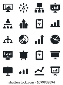 Set of vector isolated black icon - growth statistic vector, hierarchy, presentation board, monitor, circle chart, pulse clipboard, statistics, bar graph, pie, point, arrow up