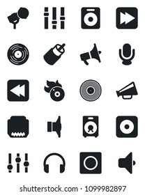 Set of vector isolated black icon - vinyl vector, flame disk, microphone, speaker, loudspeaker, settings, headphones, fast forward, rewind, rec button, rca, hdmi, record, sound