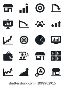 Set of vector isolated black icon - shop vector, checkroom, growth statistic, crisis graph, monitor statistics, pie, hr, target, consumer search, arrow up, wallet, presentation, storefront