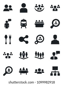 Set of vector isolated black icon - spoon and fork vector, train, speaking man, team, meeting, group, user, company, client search, consumer, social media, hierarchy