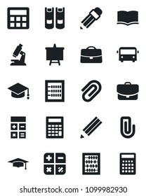 Set of vector isolated black icon - airport bus vector, book, calculator, graduate, abacus, presentation board, microscope, case, paper clip, pencil