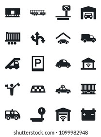Set of vector isolated black icon - dispatcher vector, taxi, airport bus, parking, alarm car, ladder, ambulance, route, railroad, truck trailer, delivery, heavy scales, garage, gate control, battery