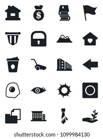 Set of vector isolated black icon - left arrow vector, pennant, coffee, lawn mower, sun, eye, folder document, record, lock, tie, book, house, mountains, office building, sweet home, omelette, flag