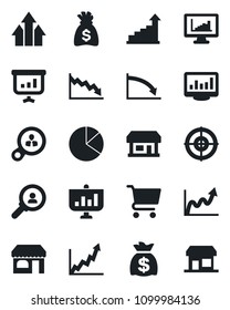 Set of vector isolated black icon - shop vector, growth statistic, money bag, store, monitor statistics, pie graph, target, consumer search, arrow up, crisis, cart, presentation, storefront