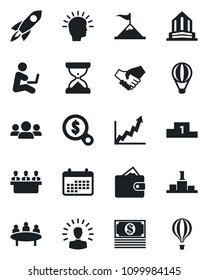 Set of vector isolated black icon - meeting vector, group, shining head, motivation, rocket, handshake, wallet, growth graph, money search, calendar, cash, pedestal, man with notebook, sand clock