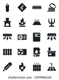 Set of vector isolated black icon - fire vector, hose, fireplace, thermometer, heater, air conditioner, candle, water, smoke detector, radiator, warm floor
