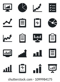 Set of vector isolated black icon - growth statistic vector, monitor, pulse clipboard, statistics, bar graph, pie, checklist, point, presentation