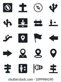 Set of vector isolated black icon - elevator vector, escalator, signpost, right arrow, left, wind, route, pin, download, place tag, compass, flag, guidepost