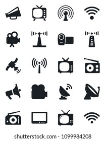 Set of vector isolated black icon - antenna vector, satellite, radio, loudspeaker, tv, video camera, wireless