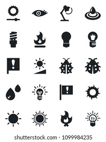 Set of vector isolated black icon - sun vector, bulb, lady bug, fire, eye, important flag, brightness, desk lamp, water, energy saving, idea