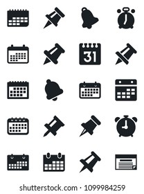 Set of vector isolated black icon - alarm clock vector, drawing pin, calendar, term, paper, bell, schedule