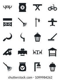 Set of vector isolated black icon - cafe vector, ladder car, rake, sickle, garden light, picnic table, fertilizer, bike, restaurant, alcove, outdoor lamp