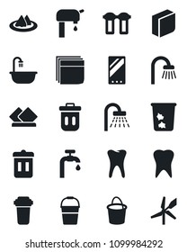 Set of vector isolated black icon - trash bin vector, shower, bucket, tooth, mobile, blank box, water supply, bathroom, serviette, filter, windmill