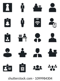 Set of vector isolated black icon - female vector, reception, manager, identity card, place, patient, user, desk, estate agent, pass, group