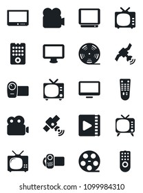 Set of vector isolated black icon - tv vector, reel, satellite, video camera, remote control, monitor