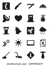 Set of vector isolated black icon - airport tower vector, satellite antenna, pruner, lawn mower, rain, hoe, garden knife, heart, virus, tv, bell, cut, estate document, reception, vip zone, sun panel