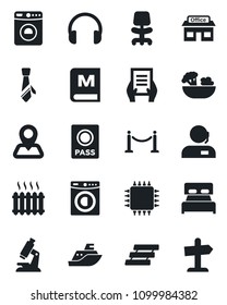Set of vector isolated black icon - fence vector, passport, washer, office chair, document, microscope, navigation, store, sea shipping, headphones, support, tie, paper tray, bedroom, heater, menu