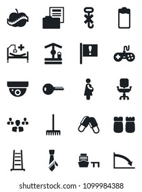 Set of vector isolated black icon - rake vector, ladder, well, pills, hospital bed, diet, pregnancy, important flag, sea port, no hook, gamepad, battery, document folder, office chair, tie, key