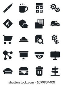 Set of vector isolated black icon - waiting area vector, calculator, presentation board, folder document, coffee, search, reception, hamburger, knife, gear, smoke detector, home protect, trash bin