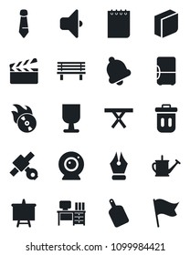 Set of vector isolated black icon - desk vector, notepad, tie, presentation board, watering can, bench, picnic table, satellite, fragile, clapboard, flame disk, bell, ink pen, blank box, cutting