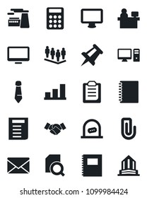 Set of vector isolated black icon - ticket office vector, handshake, mail, team, tie, document, drawing pin, manager place, factory, monitor, clipboard, copybook, paper clip, bar graph, search, pc