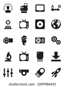 Set of vector isolated black icon - tv vector, notebook pc, microscope, earth, route, settings, video camera, rec button, download, copier, air conditioner, web, energy saving bulb, sun panel, gear